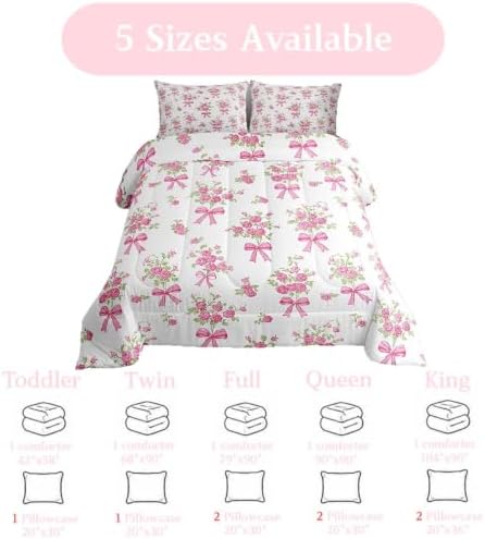 jejeloiu Bowknot Comforter Set Toddler Size Rose Bedding Set for Kids Boys Girls Pink Bow Duvet Quilt Rose Floral Flower Bedroom Decor Microfiber 2 Pcs with 1 Pillow Cases