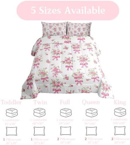 jejeloiu Bowknot Comforter Set Toddler Size Rose Bedding Set for Kids Boys Girls Pink Bow Duvet Quilt Rose Floral Flower Bedroom Decor Microfiber 2 Pcs with 1 Pillow Cases
