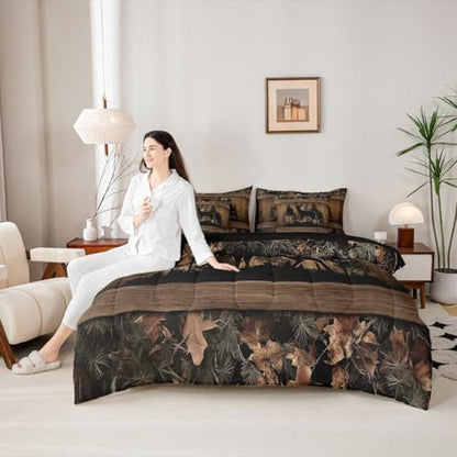 Erosebridal 7 Piece Farmhouse Deer King Bed in A Bag Camo Woodland Hunting Comforter Set with Sheets | for Kids Boys Teen Men,Rustic Cabin Bed in A Bag Wildlife Animal Print Bed Set Country Decor