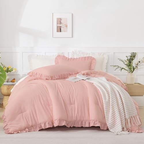 Andency Blush Comforter Set Full Size, 3 Pcs Solid Ruffle Vintage Bedding