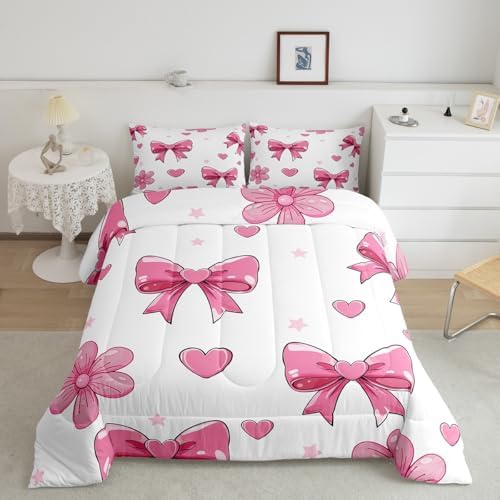 jejeloiu Pink Bow Bedding Set Soft for Boys Girls, Colourful Bowknot Comforter Set Queen Size White Pink Duvet Quilt Microfiber Butterfly Bowknot Bedroom Decor 3 Pcs with 2 Pillow Cases