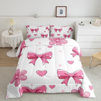 jejeloiu Pink Bow Bedding Set Soft for Boys Girls, Colourful Bowknot Comforter Set Queen Size White Pink Duvet Quilt Microfiber Butterfly Bowknot Bedroom Decor 3 Pcs with 2 Pillow Cases