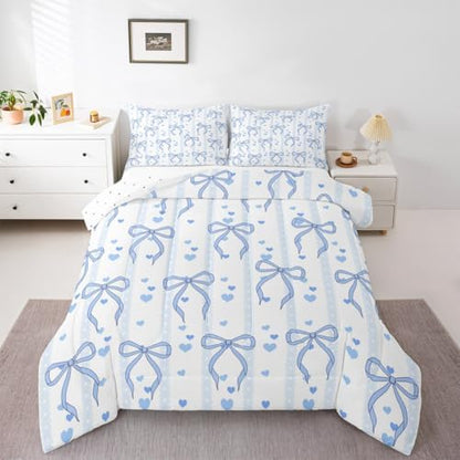 Castle Fairy Blue Bowknot Comforter Set Toddler Size,Cute Heart Print Blue Ribbon Bedding Set,Kids Teens Adult Room Decor,Dreamy Princess Bowknot Down Comforter,2 Pcs 1 Pillowcase