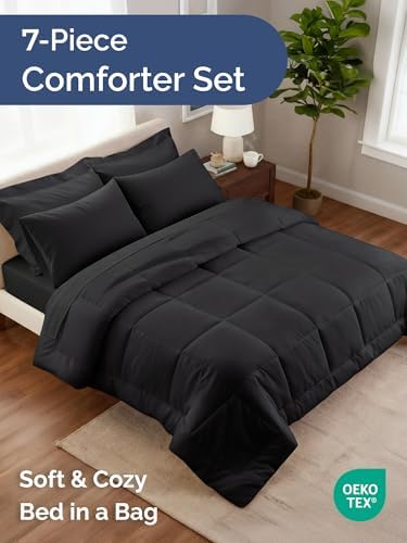 Queen Comforter Set - 7 Piece Bed in a Bag Queen Size Bed Set, Soft - Black