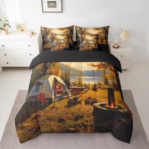 Erosebridal Rv Camper Camp Bed in A Bag with Sheets King Happy Camping 7 Piece Comforter Set Autumn Maple Leaves Bedding Set for Women Men Adults,Bonfire Camping Bedding Comforter Sets