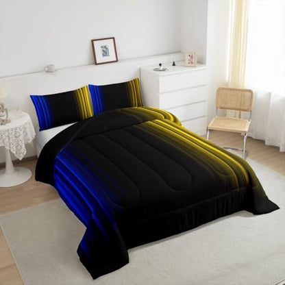 Feelyou Teens Abstract Ombre Decorations Bedding Set for Kids Women Blue Yellow and Black Comforter Set Geometric Modern Quilt Set Room 3Pcs Queen Size