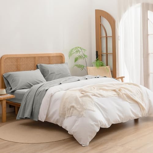 BESTOUCH Twin Washed Cotton Linen Feel Sheet Set 3pc Solid Light Grey