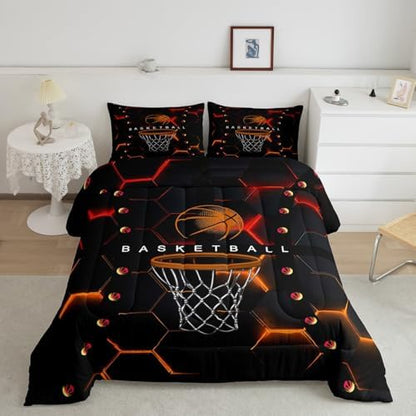 Boys Basketball Theme Twin Size Comforter Set,Kids Red Yellow Decor All Season Bedding Set,Teens Sports Games Comforter,Children Honeycomb Decor Quilt Set Bedroom Collection 2Pcs