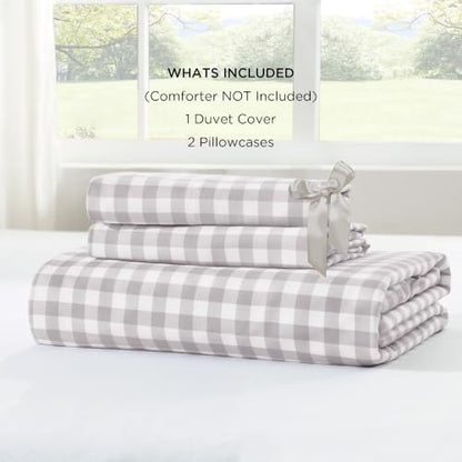 Andency Light Grey Gingham Duvet Cover Queen, Ruffle Chic Bedding Set 3 Pcs