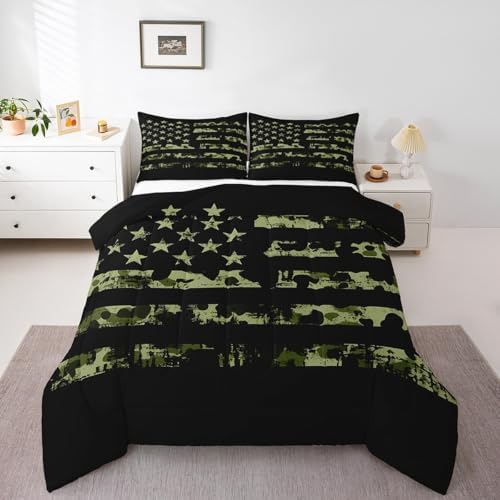 Erosebridal American Flag Bedding Set, Camouflage Comforter Set Twin for Kids Boys Teens Adult, USA Federations Stars Duvet Sets Geometric Stripes Camo Down Comforter for Bedroom Decor, Army Green