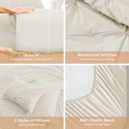 Sasttie Oversized King Comforter Set, 7-Piece Bed in a Bag, Pintuck Bedding Sets for All Season, Includes Comforter, Flat Sheet, Fitted Sheet, Pillowcases and Pillowshams, Beige