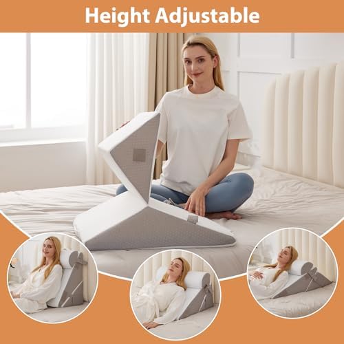 BIEEZZK Wedge Pillow Set for After Surgery, Orthopedic Wedge Pillow for Acid Reflux Relief with Adjustable 9&12inch for Bed Headboard,Sleeping, Memory Foam for Neck&Back Support, White/Grey
