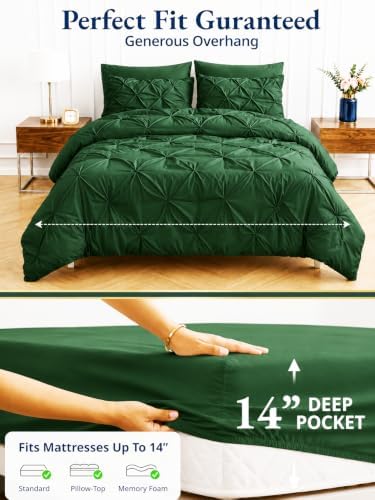 LANE LINEN 7 Piece King Sea Foam Comforter Set Pintuck - Olive Green