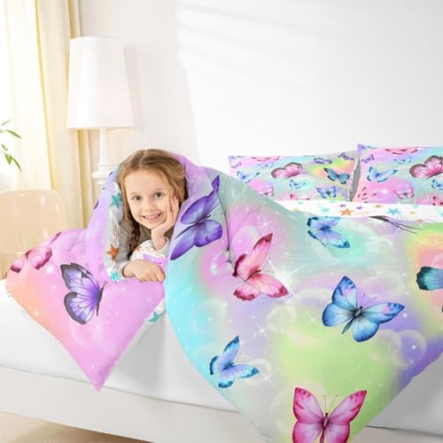 Rainbow Butterfly Comforter Set King Size For Girls Pink Blue Purple Watercolor Butterfly Quilt Bedding Sets Reversible Cute Colorful Stars Down Comforter,Pastel Tie Dye Duvet Insert 2 Pillow Cases