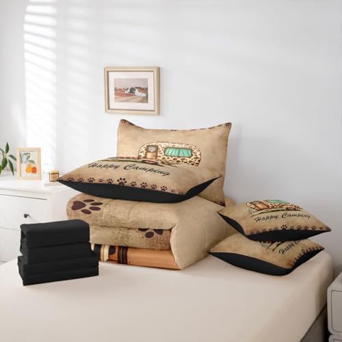 Erosebridal Happy Camping Boys Comforter Set with Sheets King Size Camper Decor 7 Piece Bedding Set Brown Leopard Print Bed in A Bag for Kids Teens Room Rustic Farmhouse Cabin Bed Sets