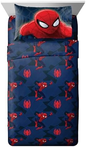 Jay Franco Kids Sheet Set with Fitted, Flat Sheets & Pillow Cover - Ultra-Soft Bedding with Pillowcase for Room Decor, Blue - Spiderman, 4 Piece Full