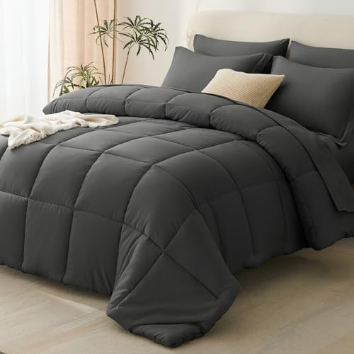 CozyLux Queen Comforter Set, 7-Piece Bed in a Bag, Dark Grey