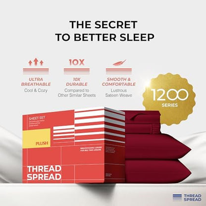 THREAD SPREAD 100% Egyptian Cotton Sheets California King Size - 1200 Series Plush Collection Cal King Size Sheets Set, 4 PC Luxury Bedsheet (Burgundy), Soft, Cooling, 17" Deep Pocket Bedsheet Set