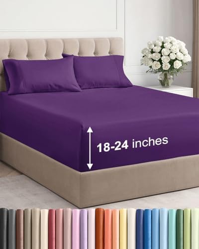 Extra Deep Queen Sheet Set - 4 Piece Breathable & Cooling Sheets - Purple