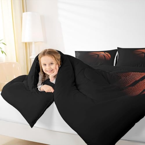 Castle Fairy Boys Basketball Comforter Set,Sport Game Ball Theme Bedding Set Queen Size,Kids Teenage Bedroom Decor,Black Orange Basketball Ultra Soft All Season Quilt Set 3Pcs with 2 Pillowcases