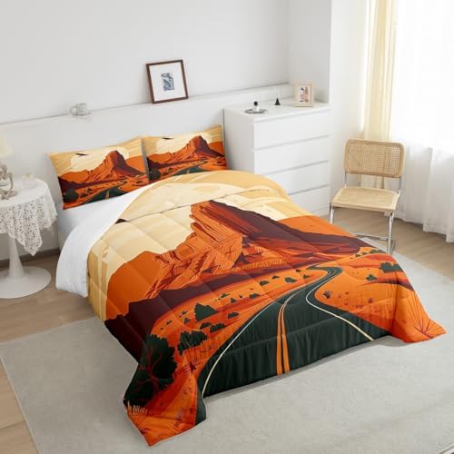 Western Desert Comforter Set Twin Size,Road Travel Nature Scenery Bedding Set for Kids Teens Adults Room Decor,Retro Rustic Farmhouse Quilt Set,Sunset Cowboy Vintage Duvet Insert 2Pcs,1 Pillowcase
