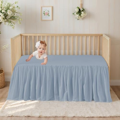 Brandream Attached Crib Skirt Sheet Girls Boys Ruffled Skirt 2-in-1 Design, 100% Cotton, Gender Neutral Crib Skirt Toddler Bedskirt Farmhouse Chic Nursery Crib Bed Skirt, Boho Bohemian Solid Mist Blue