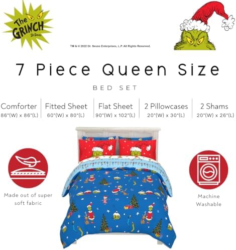 Grinch By Dr. Seuss Holiday & Christmas Bedding Super Soft Comforter and Sheet Set with Sham, 7 Piece Queen Size (Official Dr. Seuss Product) By Franco