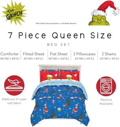 Grinch By Dr. Seuss Holiday & Christmas Bedding Super Soft Comforter and Sheet Set with Sham, 7 Piece Queen Size (Official Dr. Seuss Product) By Franco