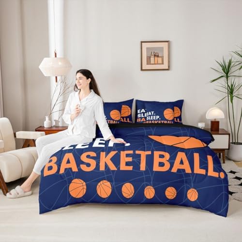 Erosebridal Boys Basketball Orange Navy Blue King 7-Piece Comforter Set | Ball Gaming Sheets and Pillowcases Sports Kids Teens Bed in A Bag Men Bed Sets