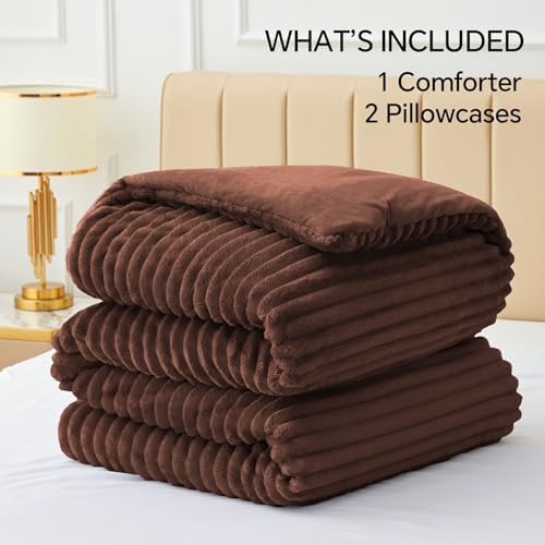 BEDELITE Fleece Full Comforter Set, Fluffy Bed Set, Hot Chotolate