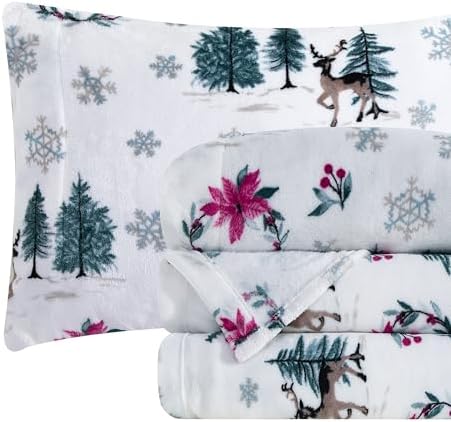 Elegant Comfort Luxuriously Soft 4-Piece Holiday Velvet Plush Flannel Sheet Set - Premium Quality - Cozy Warm, Christmas Fuzzy Velvet Flannel Fleece Deep Pocket Sheet Set - King, Christmas Wreath