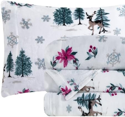 Elegant Comfort Luxuriously Soft 4-Piece Holiday Velvet Plush Flannel Sheet Set - Premium Quality - Cozy Warm, Christmas Fuzzy Velvet Flannel Fleece Deep Pocket Sheet Set - Full, Christmas Wreath
