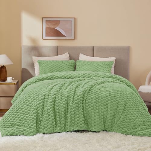 BEDELITE Fluffy Queen Comforter Set, Grass Green Fleece Bed Set 3 Pieces