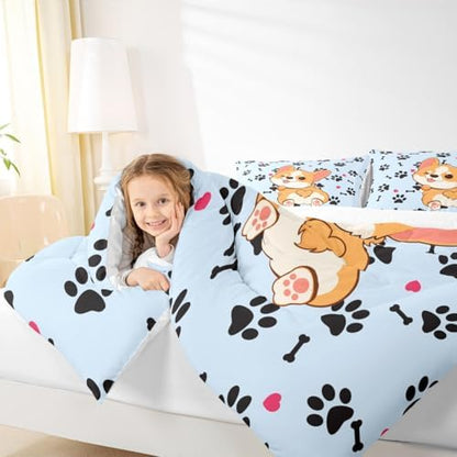 Castle Fairy Cute Corgi Comforter Set Full Size,Cartoon Dog Footprint Bones Bedding 3pcs for Kids Boys Girls Room Decor,Smiling Doggy Bedspread Family Paw Quilted Duvet with 2 Pillowcases,Blue