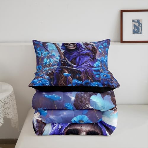 Skeleton Kids Comforter Set Queen Size,Skull Blue Poppy Flowers Moon Trippy Bedding Set,Girls Boys Room Decor,Happy Halloween Vintage Quilt Comforter,Gothic Romantic Duvet Insert,2 Pillowcases