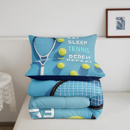Castle Fairy Sports Tennis Bedding Set Toddler Size Tennis Racket Balls Comforter Set for Kids Teens Room Decor Fashion Sport Competition Duvet Insert SkyBlue Yellow Down Comforter Set,2Pcs