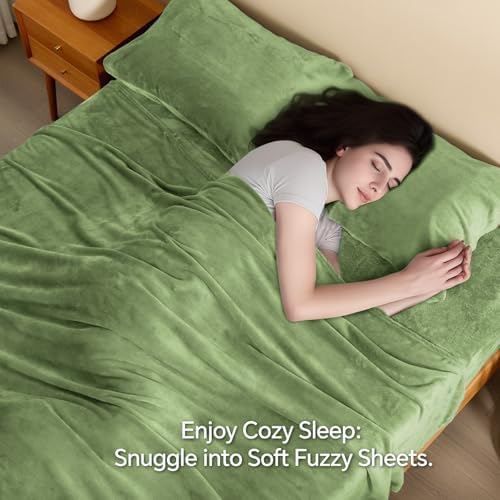 BEDELITE Flannel Sheets Queen Size, Green, 4 Pieces