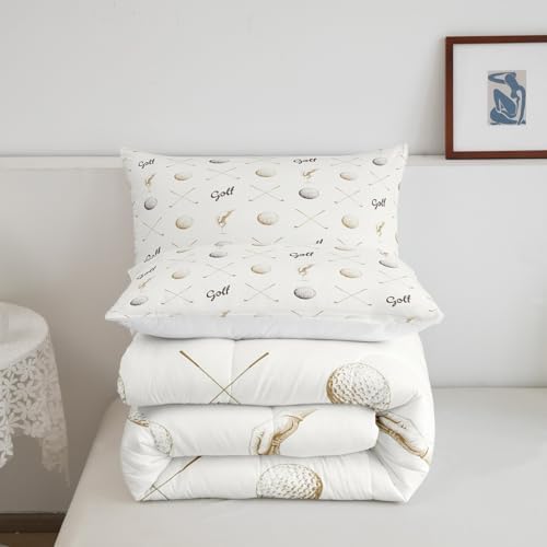 Golf Comforter Set Twin Size for Kids Teens Adults Men Home Room Decor,Ball Sports Game Lovers Bedding Set 2pcs,Gray Brown Sketch Golf Quilt Set Seasons Soft Duvet Insert with 1 Pillowcase