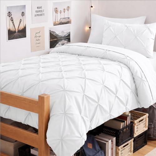 CozyLux Twin Comforter Set White, 5 Pieces Pintuck Bed in a Bag