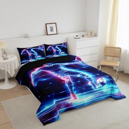 Castle Fairy Soccer Player Bedding Set Football Comforter Set for Kids Boys Neon Sports Soccer Comforter Cool Ball Games Quilt Set 1 Comforter Set with 1 Pillowcase Toddler Size