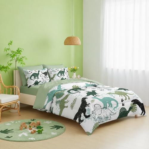 QOOMO Dinosaur 7 Pieces Comforter Set Full,Dinosaurs Bedding Set for Kids