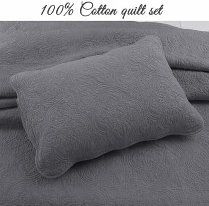 Cozy Line Home Fashions Charcoal Gray Cotton Quilt Set – 3-Piece Solid Textured Quilted Bedspread with Shams, Lightweight All Season Modern Bedding (Blantyre - Grey, Queen - 3 piece)