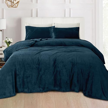 Elegant Comfort Luxuriously Soft 4-Piece Velvet Plush Flannel Sheet Set - Premium Quality - Cozy Warm, Anti-Static, Non Pilling Fuzzy Velvet Flannel Fleece Deep Pocket Sheet Set - Queen, Navy