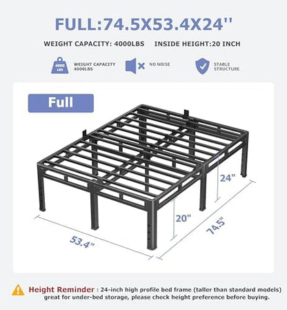NKZ Full Size Metal Platform Bed Frame, 24 Inch Dual-Layer Heavy Duty Base