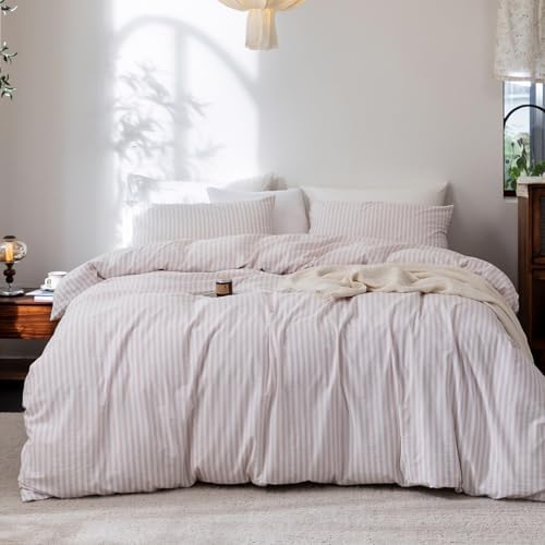 FOSSA Striped Duvet Cover Set 100% Washed Cotton Linen Feel Twin