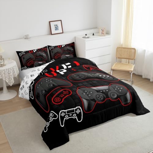 Gamepad Gaming Quilted Duvet Set Full,Video Games Bedding Set 3pcs for Kids Teens Boys Girls Gamer,Gaming Equipment Duvet Insert Colorful Buttons Comforter Set with 2 Pillowcases,Black Reversible