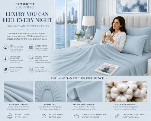 Split King Sheets Sets for Adjustable Bed, 7Pc Egyptian Cotton,Light Blue