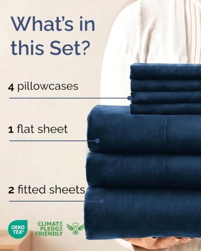 Split King 7 Piece Bed Sheet Set - Comfy, Breathable & Cooling - Dark Blue