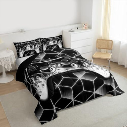 Grey Game Console Comforter Set for Boys' Bedroom Decor - Neon Geometric Gamer Bedding Set with 3D Geometric Boys Comforter Set and Flame Gaming Consoles Gamer Decor