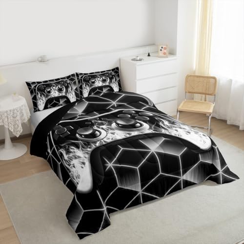 Grey Gamer Comforter Sets for Boys Gamer Gifts,Neon Geometric Boys Comforter Set Full Size,3D Geometric Full Size Bedding for Flame Gaming Consoles Room Decor